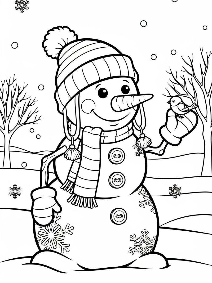 Desenho de Inverno com boneco de neve e passarinho para colorir