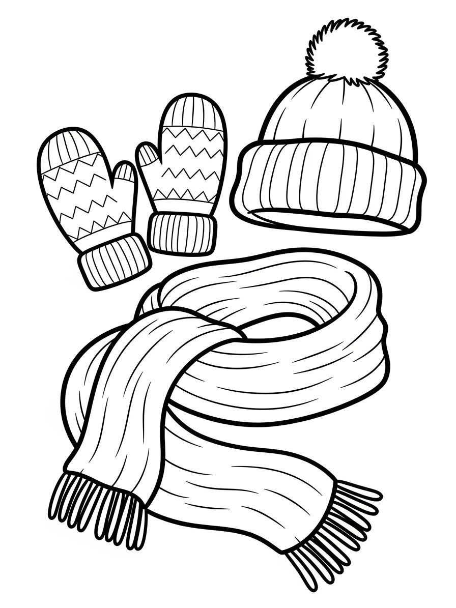 Desenho de Inverno com gorro luvas e cachecol para colorir