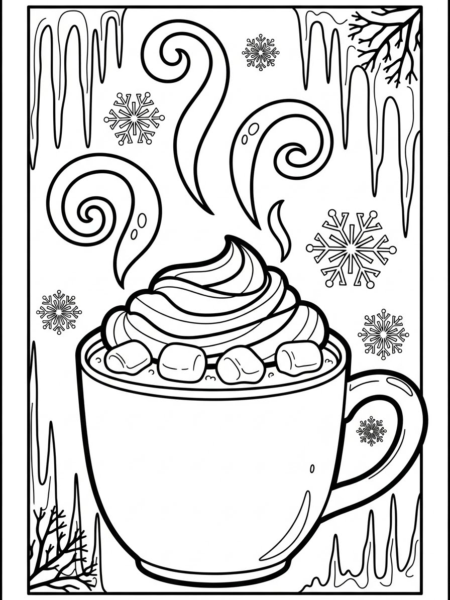 Desenho de Inverno com xícara de chocolate quente para colorir