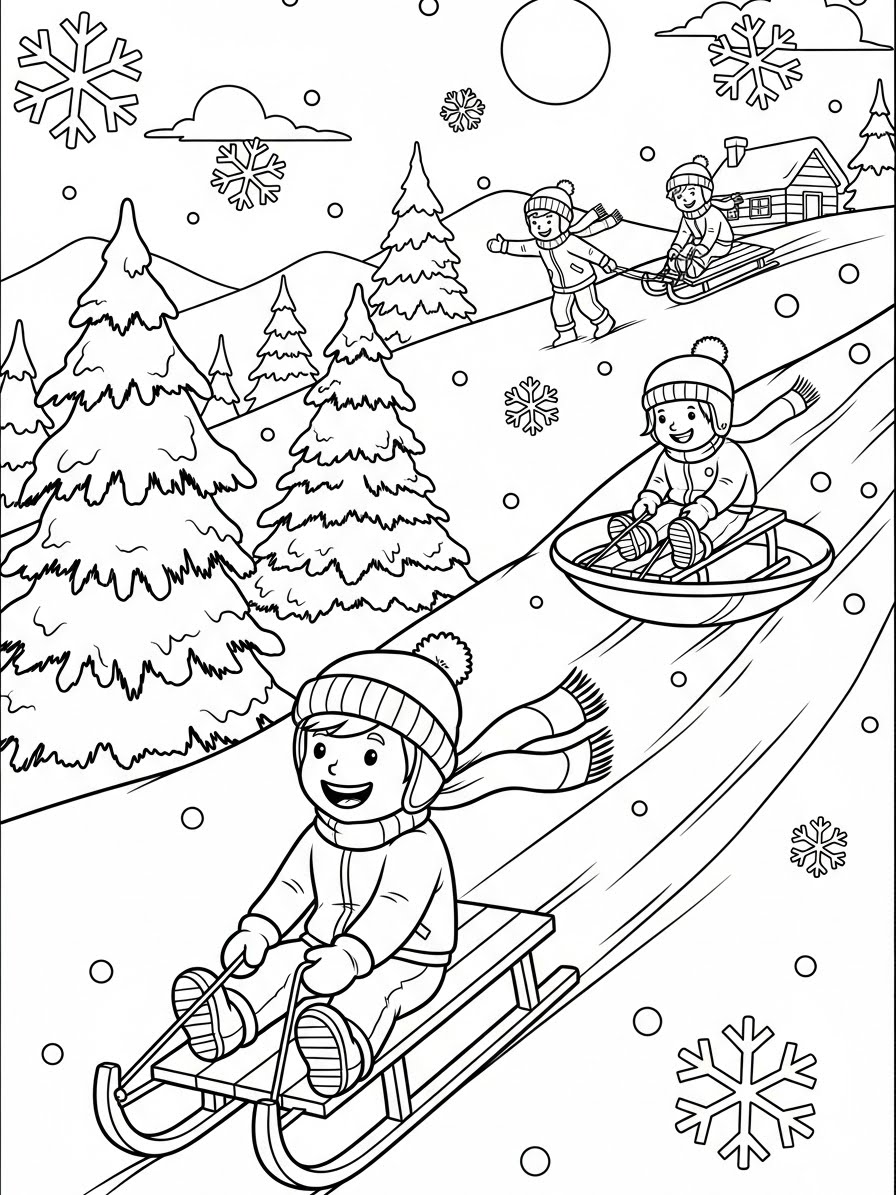 Desenho de Inverno com crianças descendo a ladeira para colorir