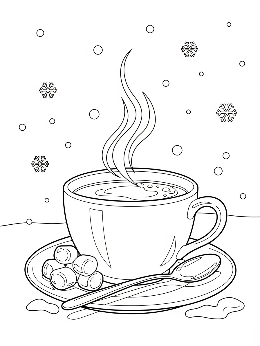Desenho de Inverno com caneca de chocolate quente para colorir
