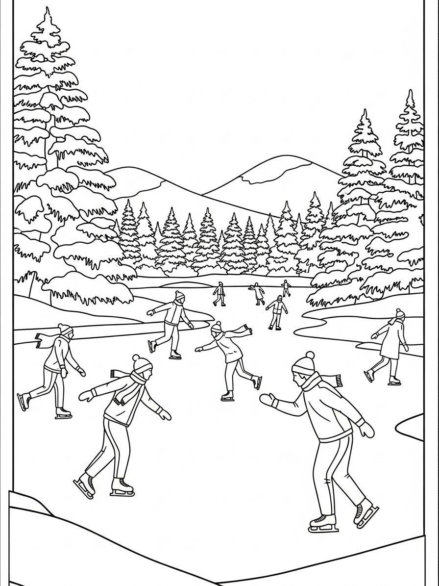 Desenho de Inverno com patinadores em lago para colorir