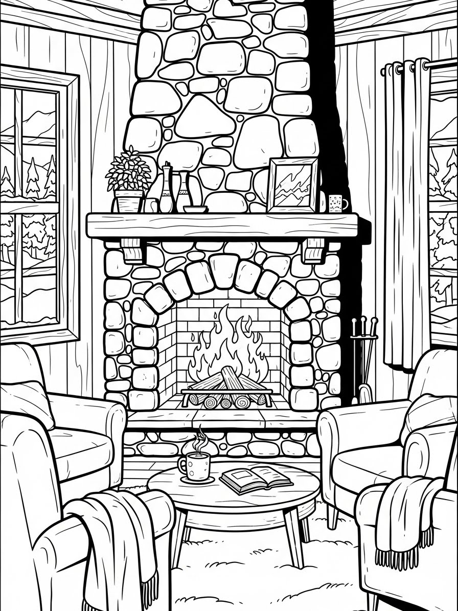 Desenho de Inverno com lareira aconchegante para colorir