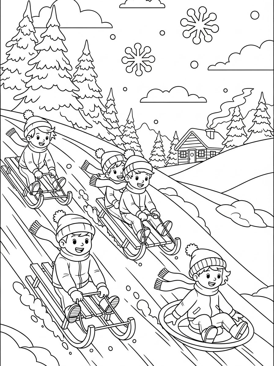 Desenho de Inverno com crianças descendo a colina para colorir