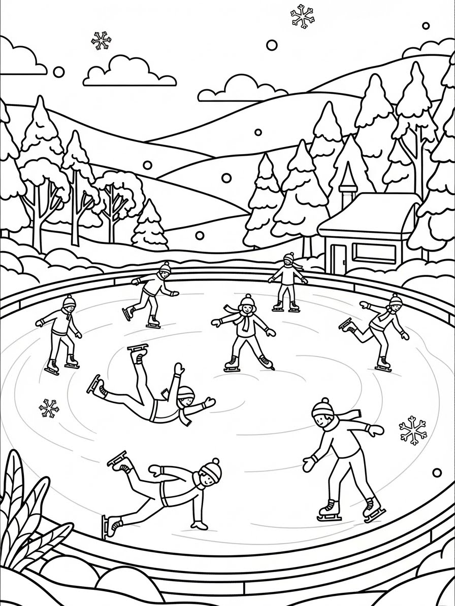 Desenho de Inverno com pessoas patinando para colorir