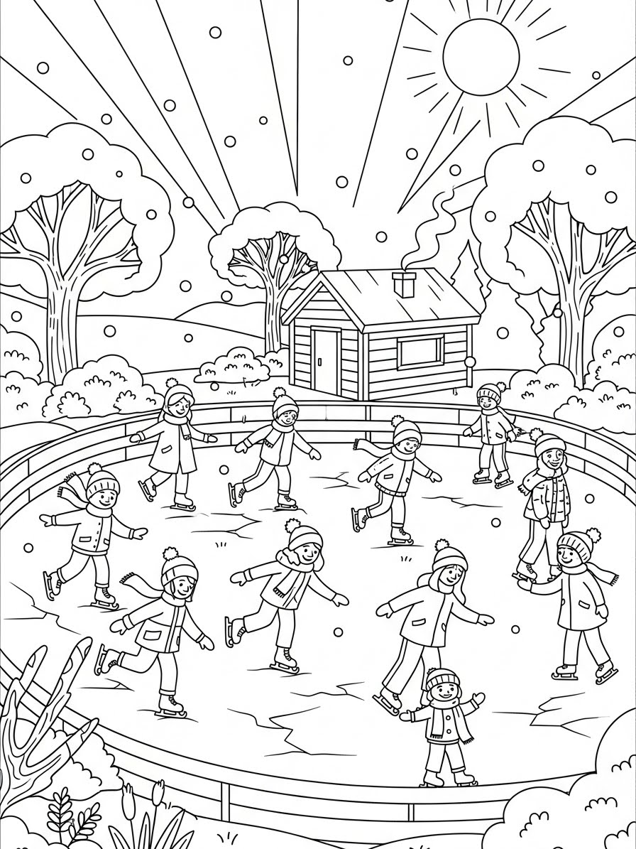Desenho de Inverno com crianças patinando para colorir