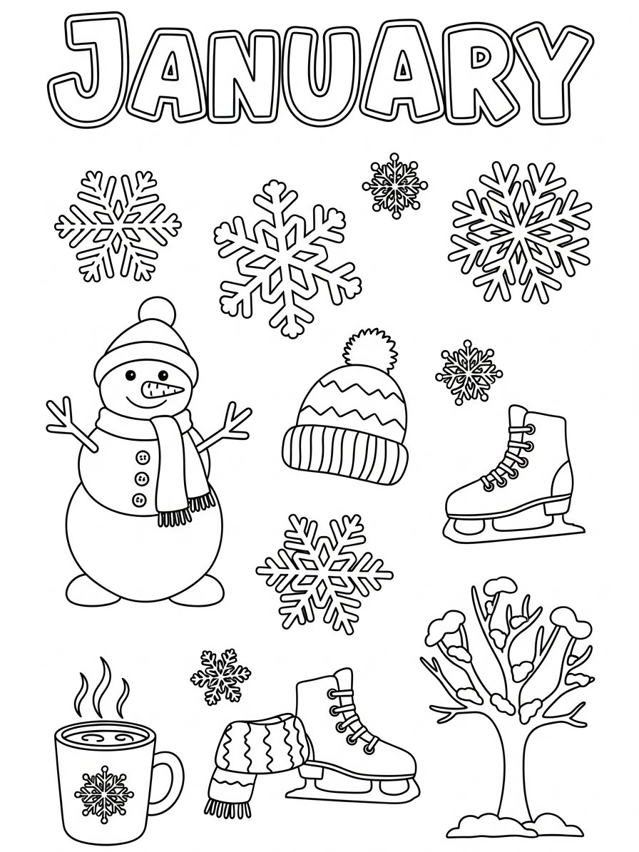 Desenho de Janeiro com boneco de neve e flocos de neve para colorir