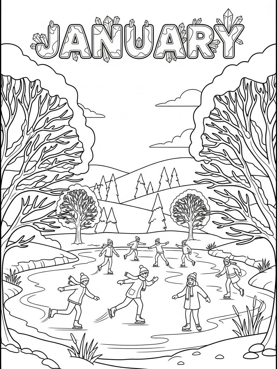 Desenho de Janeiro com patinadores no gelo para colorir