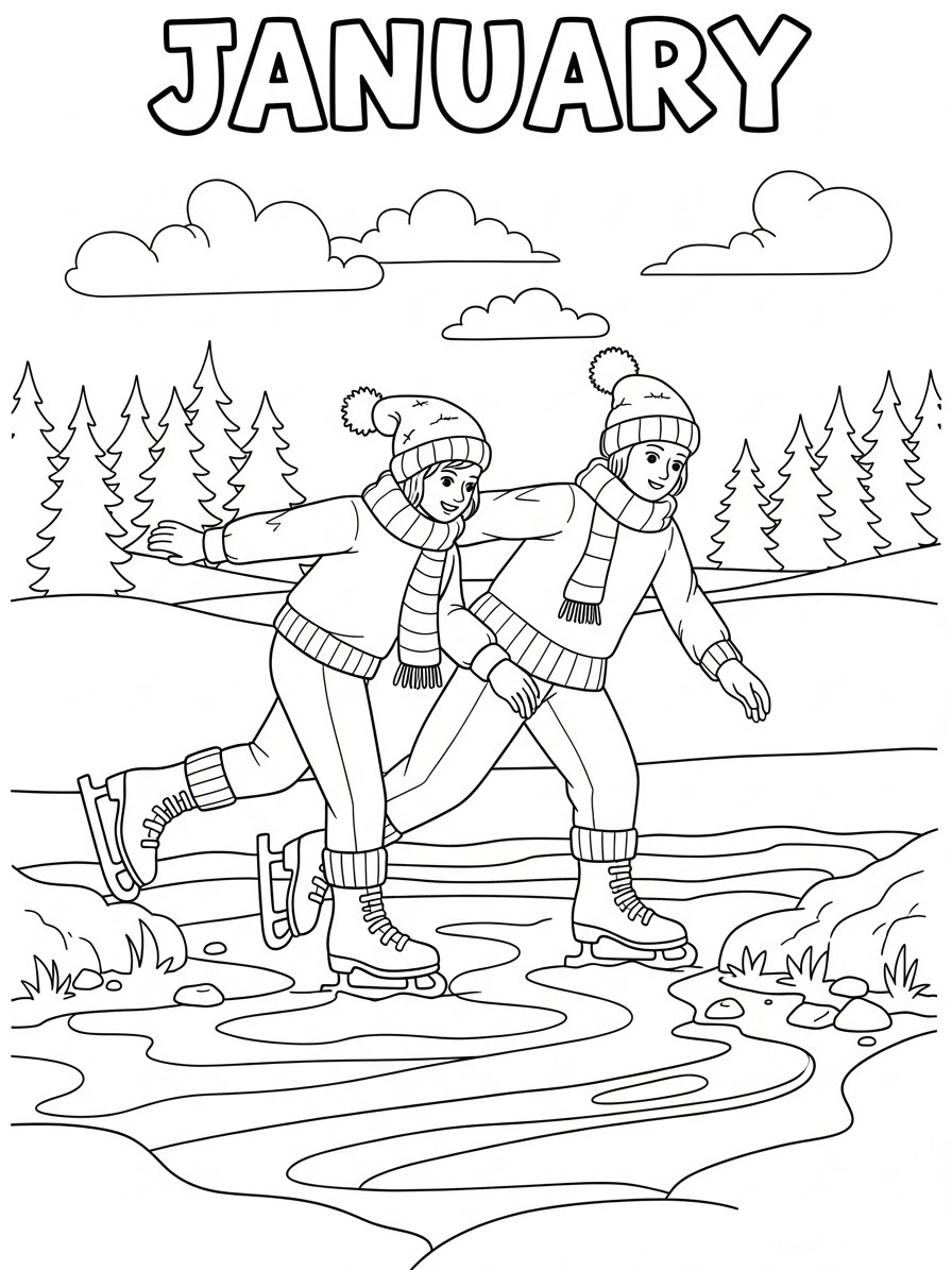 Desenho de Janeiro com crianças patinando para colorir