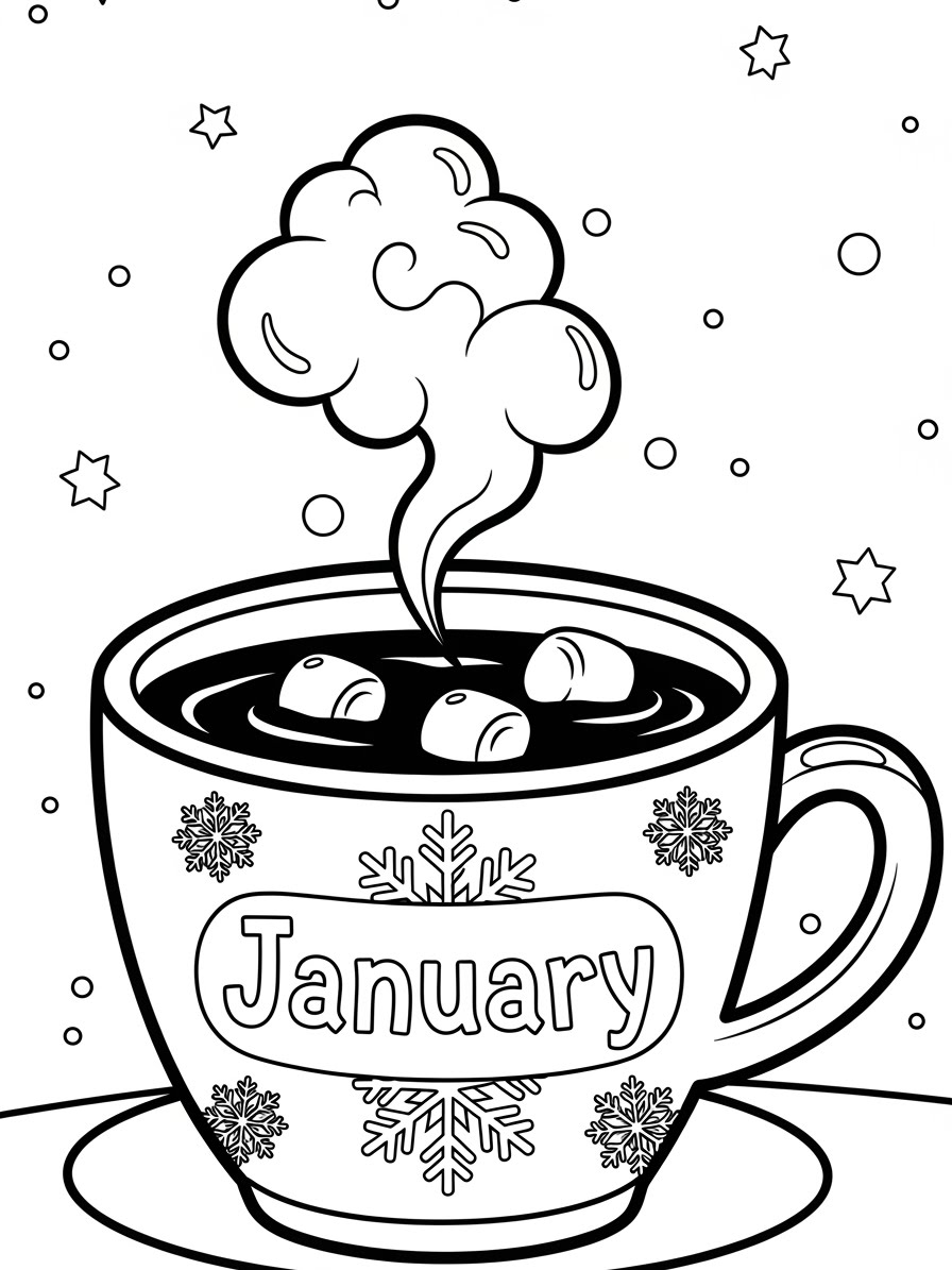 Desenho de Janeiro com caneca de chocolate quente para colorir