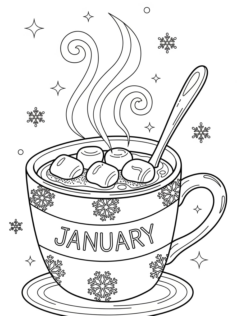 Desenho de Janeiro com caneca de chocolate quente para colorir