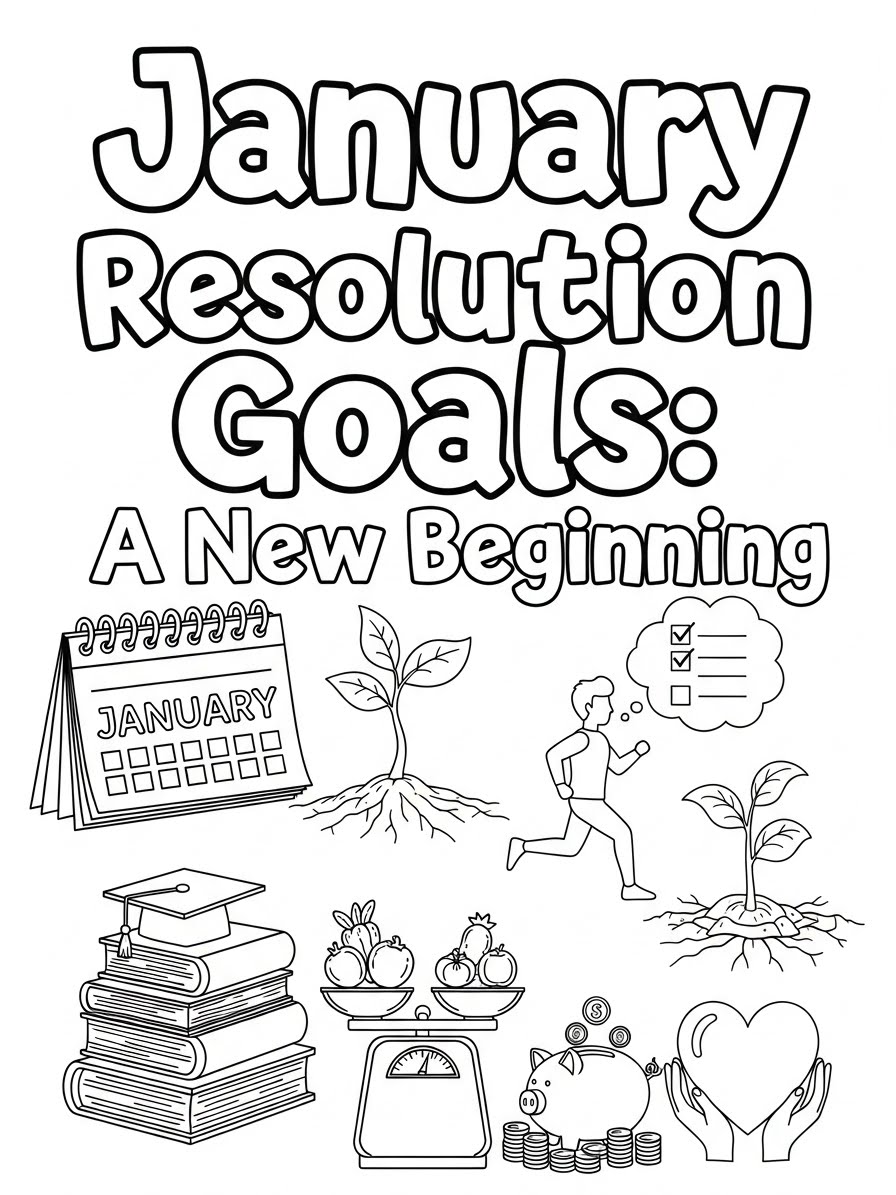 Desenho de Janeiro com metas de novos começos para colorir
