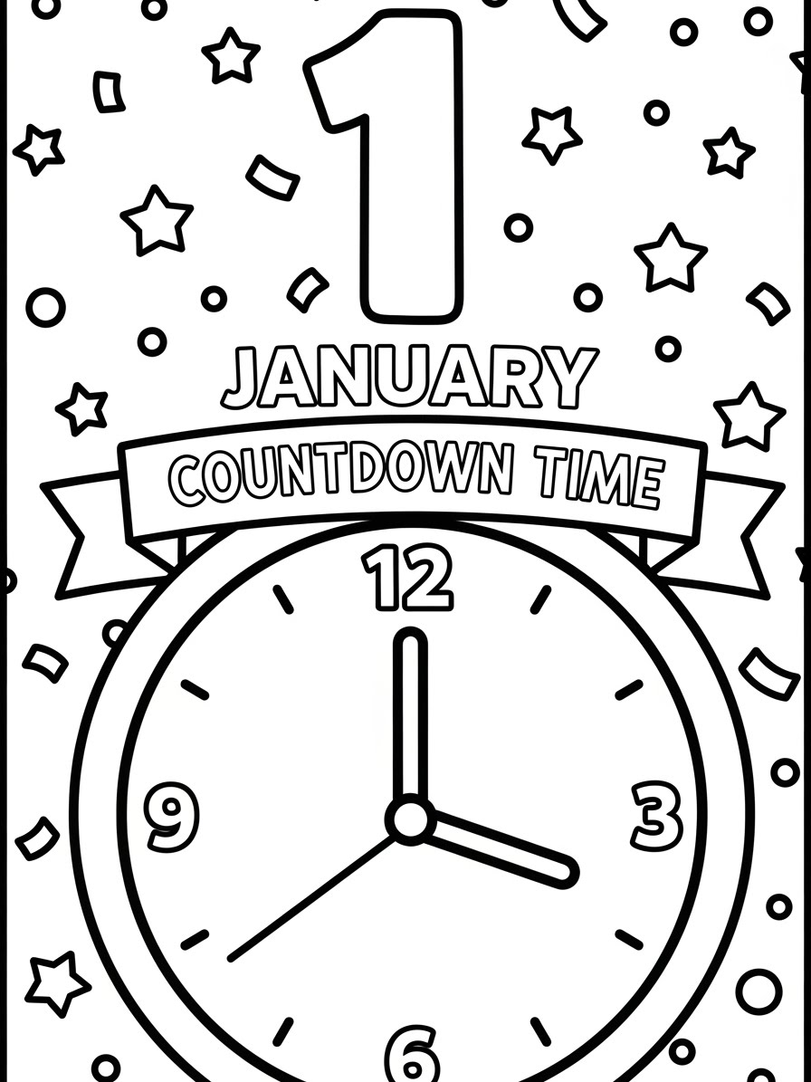 Desenho de Janeiro com relógio e confetes para colorir