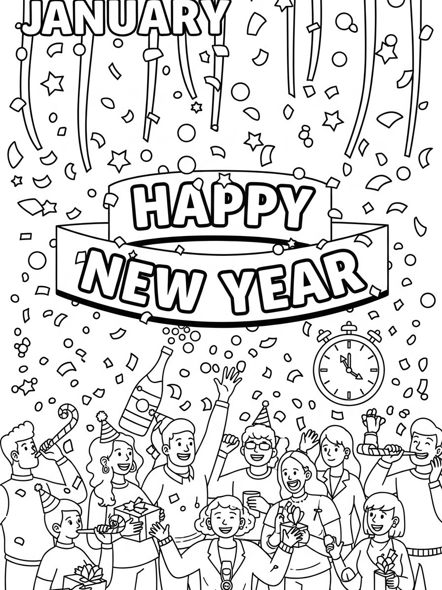 Desenho de Janeiro com celebração de Ano Novo para colorir
