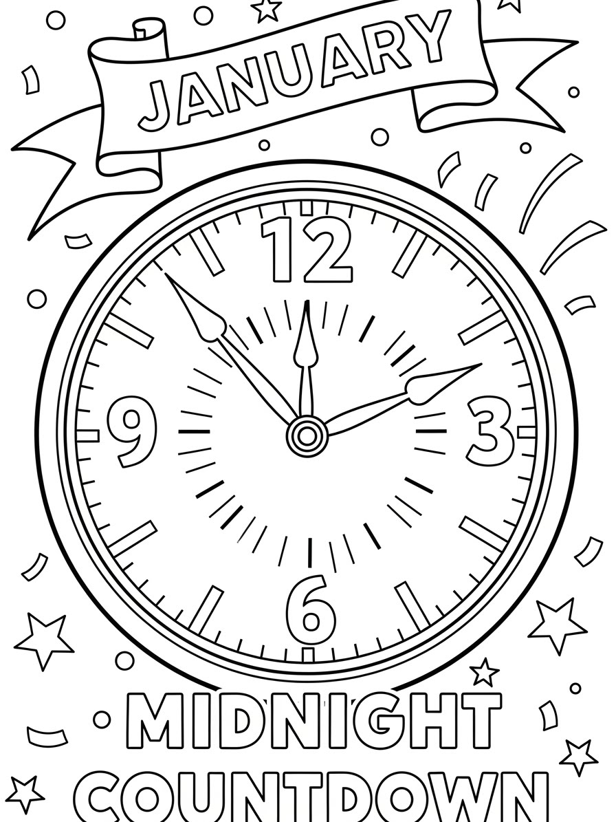 Desenho de Janeiro com um relógio e contagem regressiva para colorir