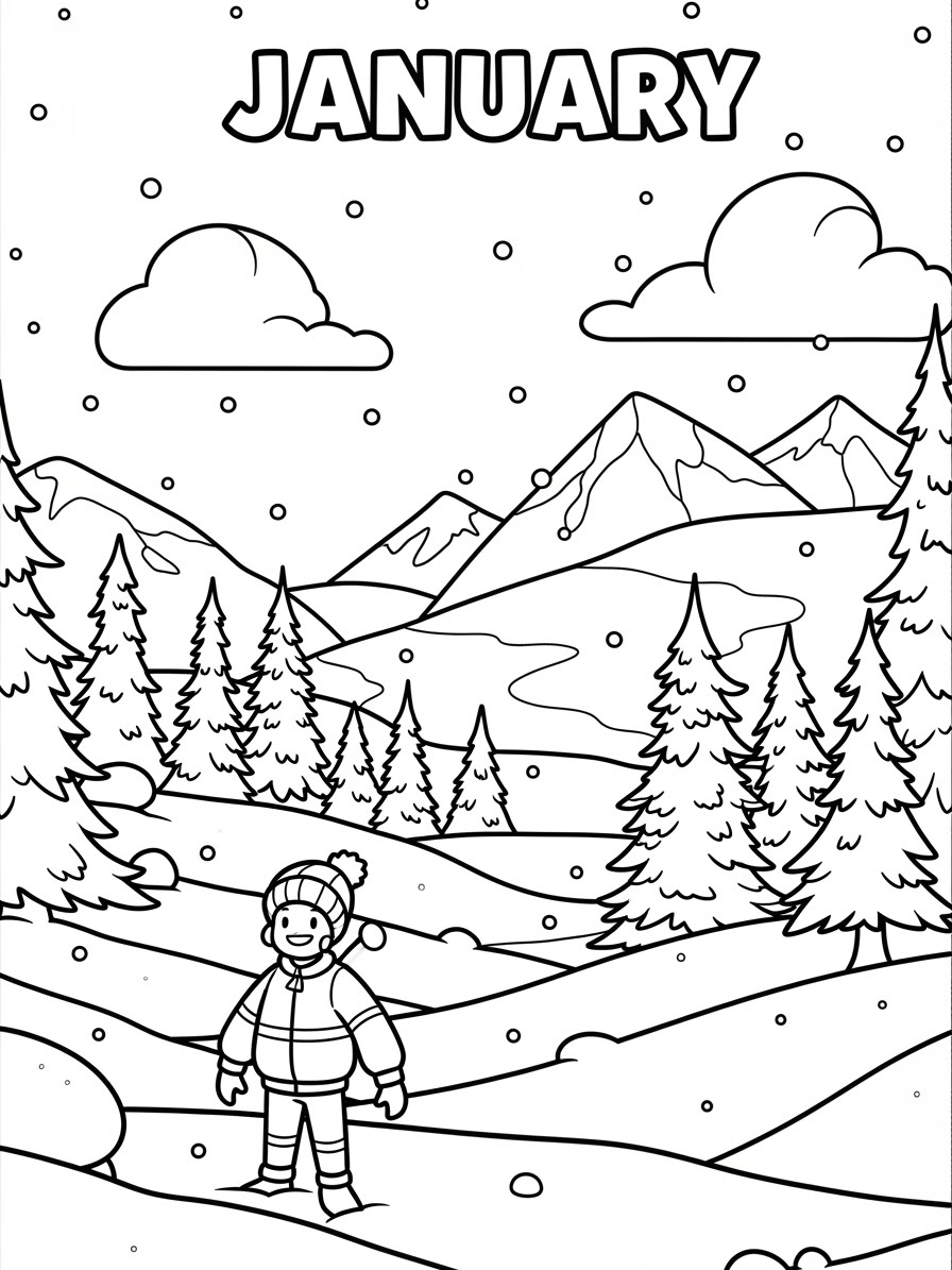 Desenho de Janeiro com paisagem de inverno para colorir