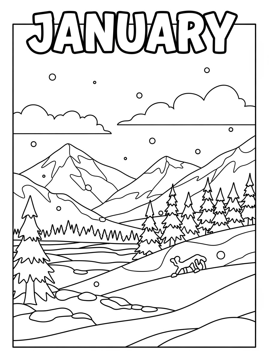 Desenho de Janeiro com montanhas e árvores para colorir