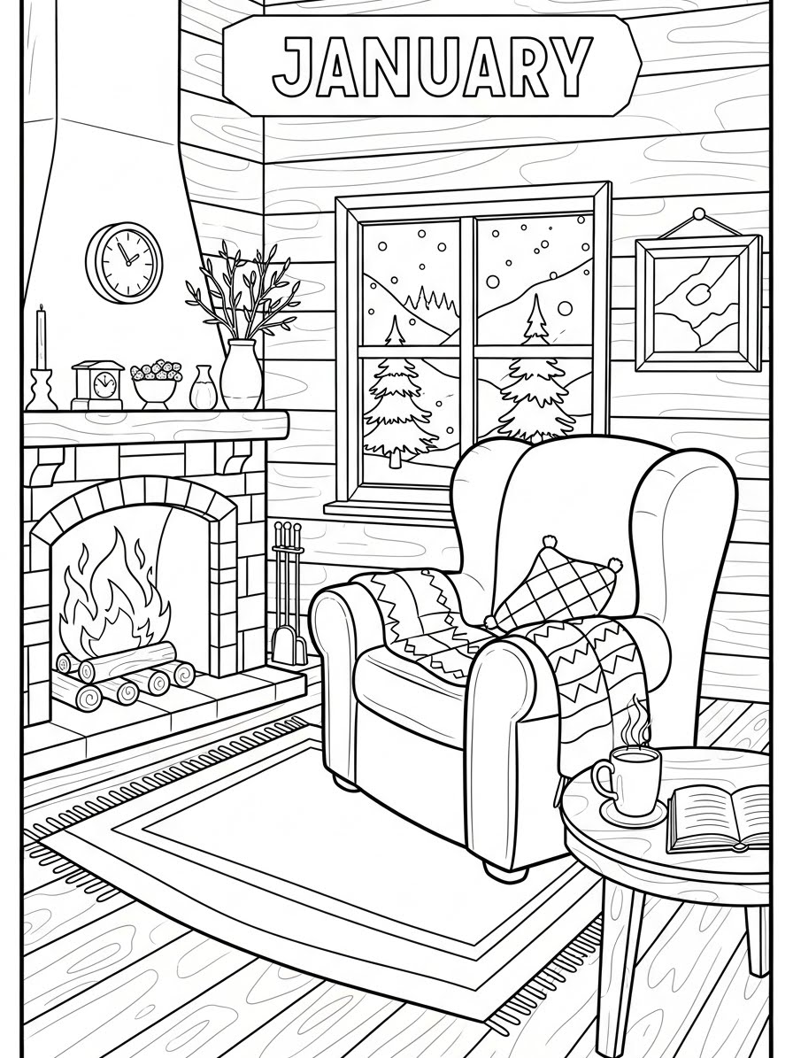 Desenho de Janeiro com sala aconchegante para colorir