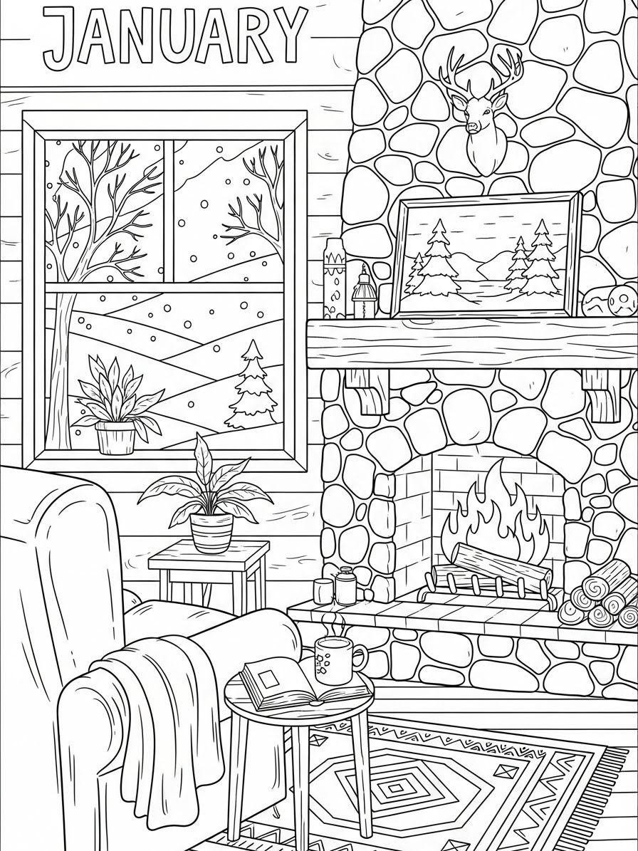 Desenho de Janeiro com lareira e natureza para colorir