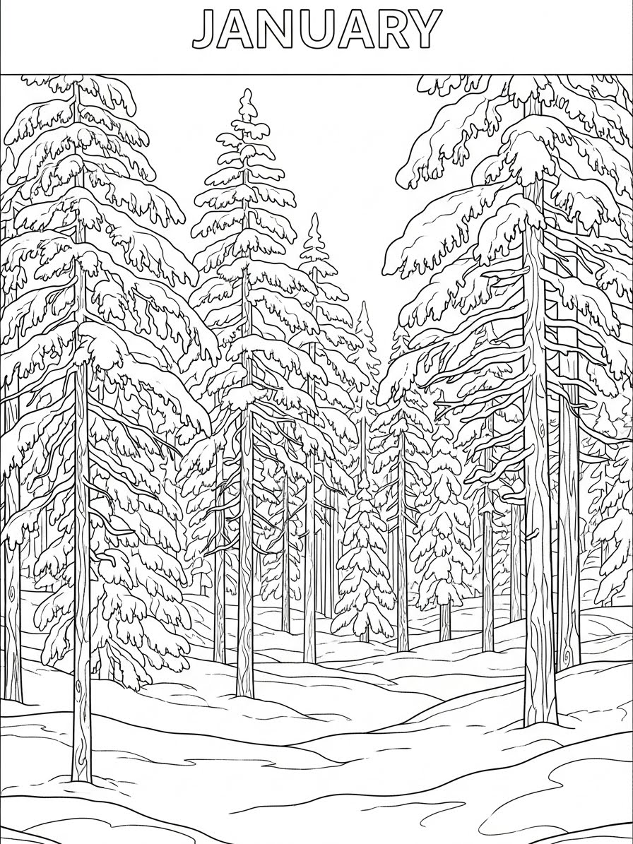 Desenho de Janeiro com árvores nevadas para colorir