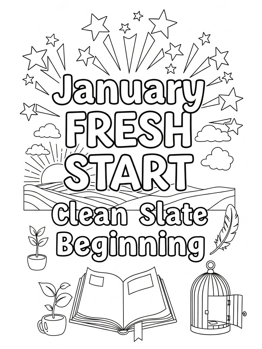 Desenho de Janeiro com sol e palavras inspiradoras para colorir