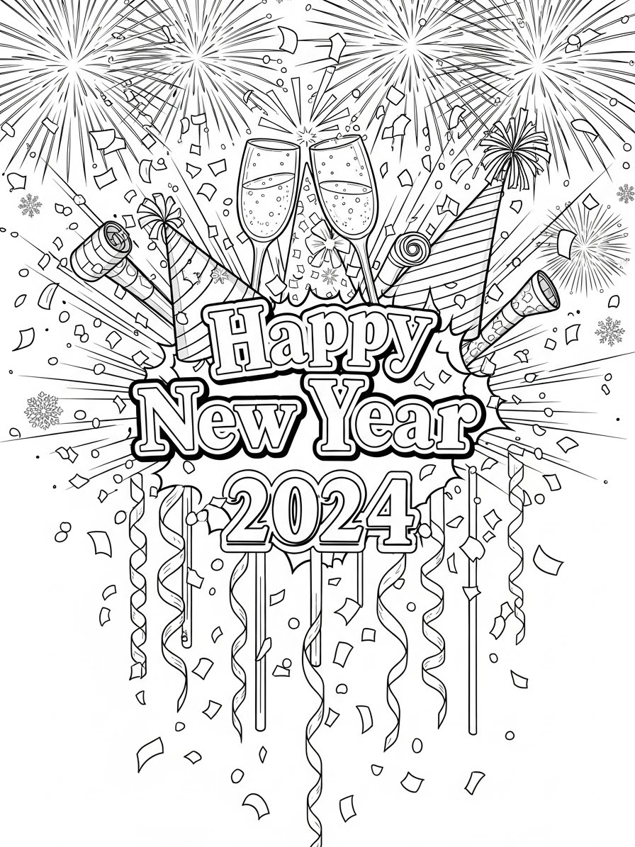 Desenho de Janeiro com celebração de Ano Novo para colorir