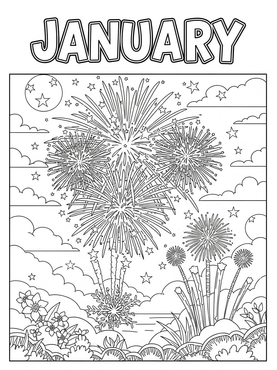 Desenho de Janeiro com fogos de artifício para colorir
