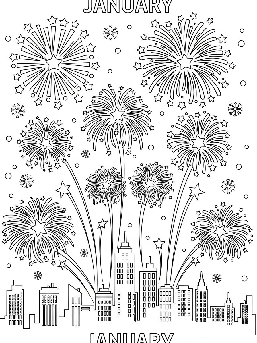 Desenho de Janeiro com fogos de artifício e prédios para colorir