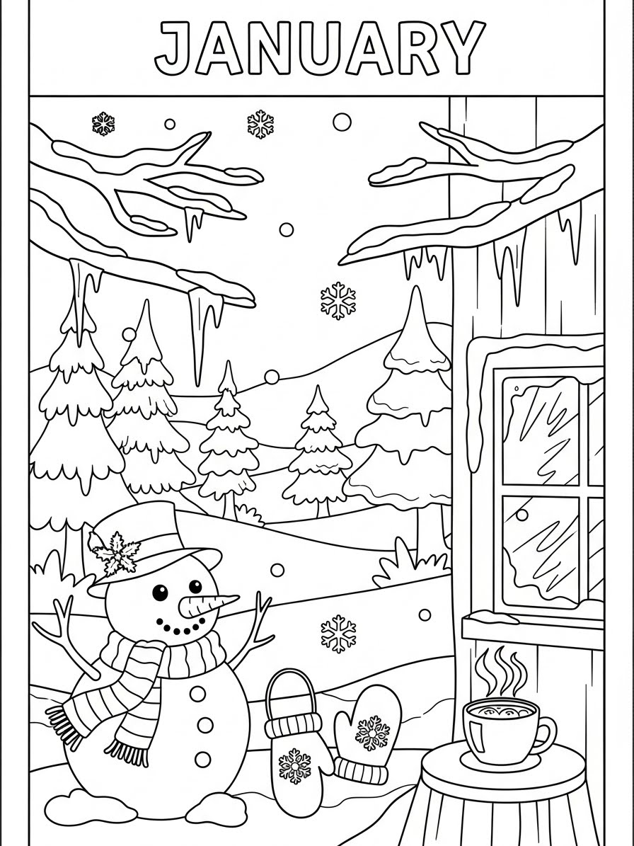 Desenho de Janeiro com boneco de neve para colorir