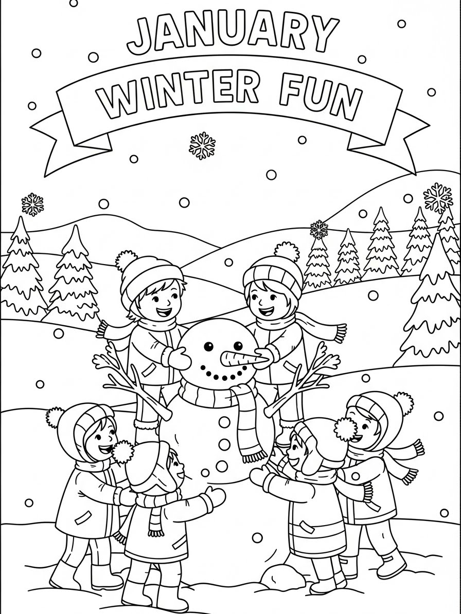 Desenho de Janeiro com crianças brincando na neve para colorir