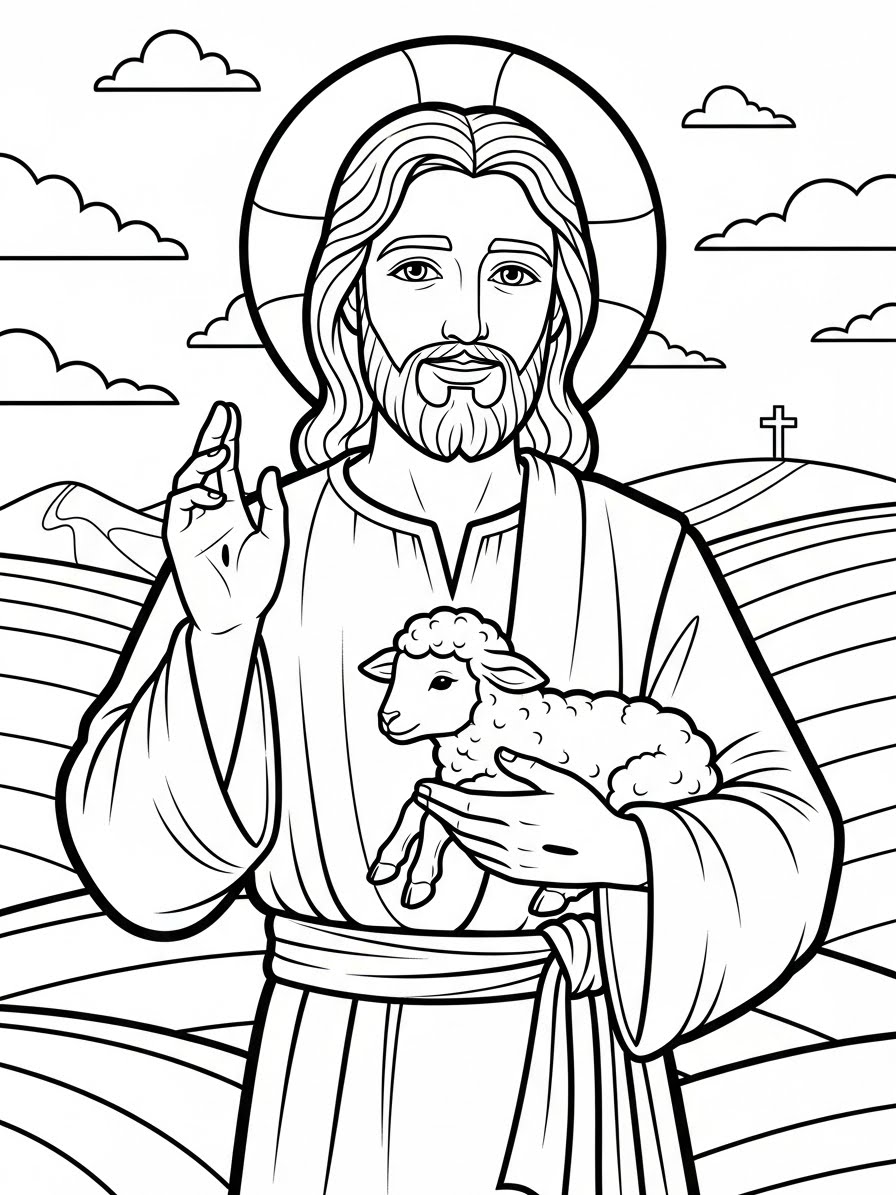 Desenho de Jesus com uma ovelha para colorir