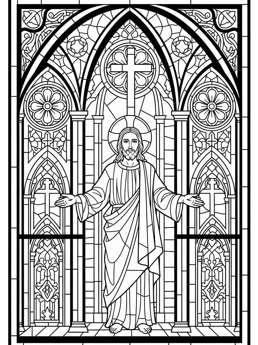 Desenho de Jesus em vitral para colorir