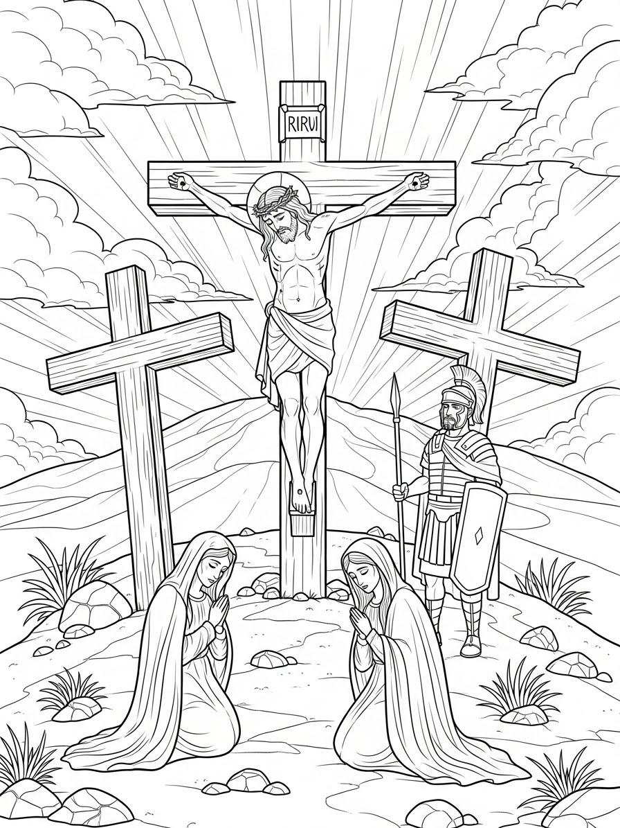 Desenho de Jesus na Cruz com duas mulheres e um soldado