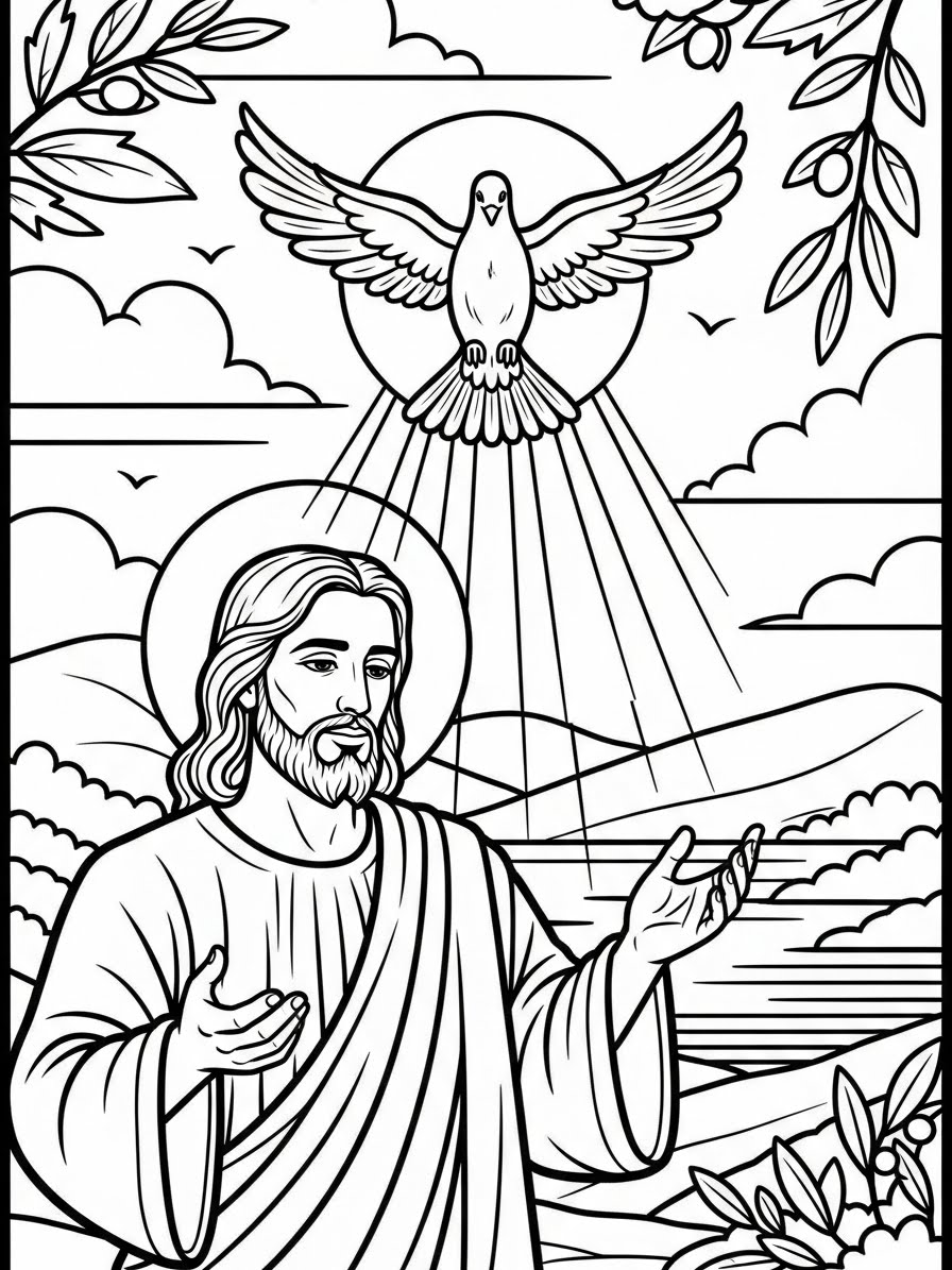 Desenho de Jesus com pomba e paisagem para colorir