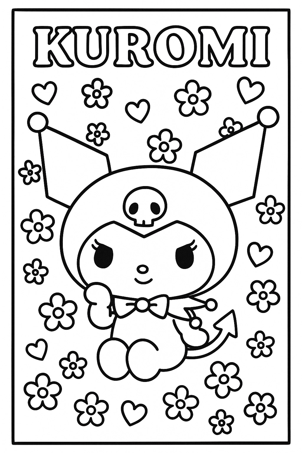 Desenho Kuromi entre flores e corações para Colorir e Imprimir Desenho Kuromi entre flores e corações para Colorir e Imprimir