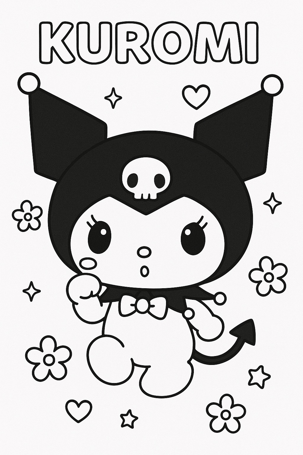 Kuromi fofinha com chapéu de caveira e flores para imprimir