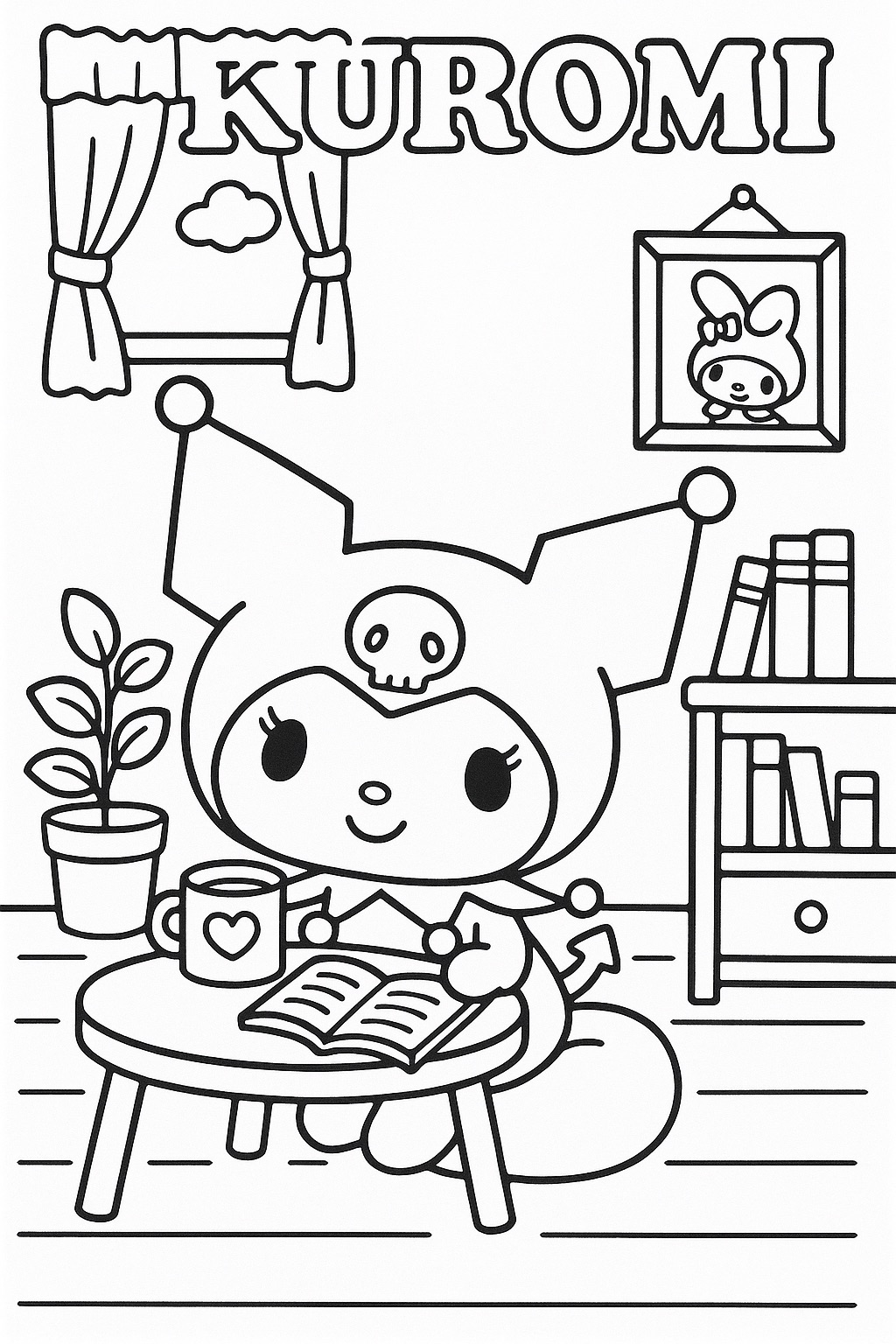 Desenho Kuromi lendo um livro para imprimir