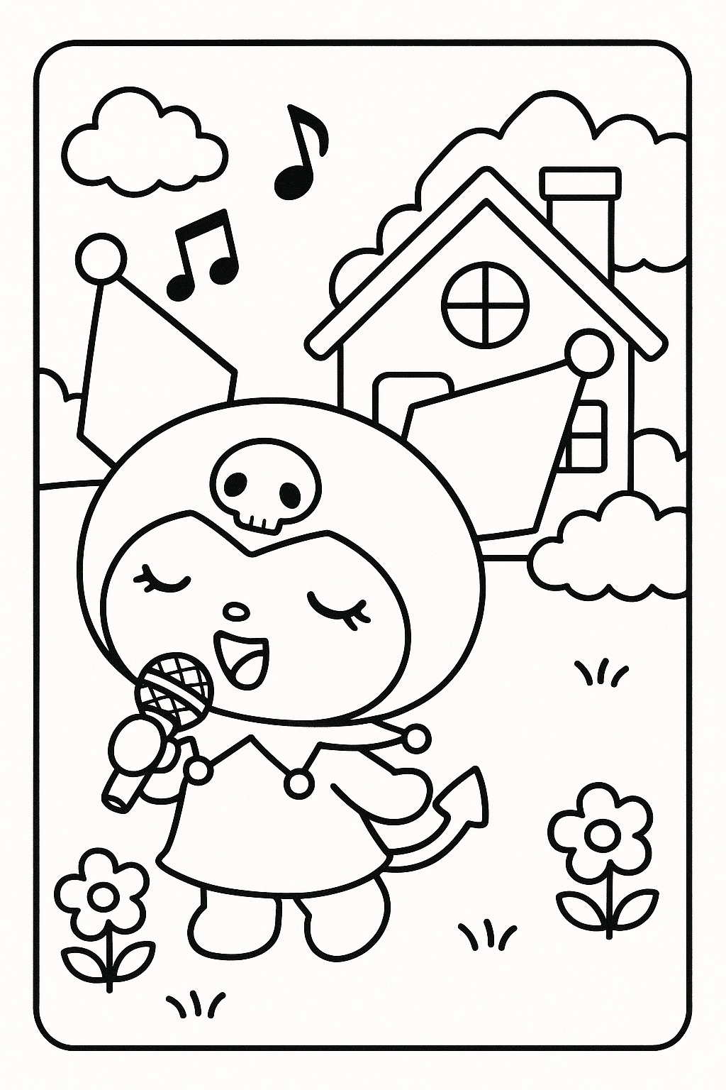 Desenho Kuromi cantando com microfone para colorir