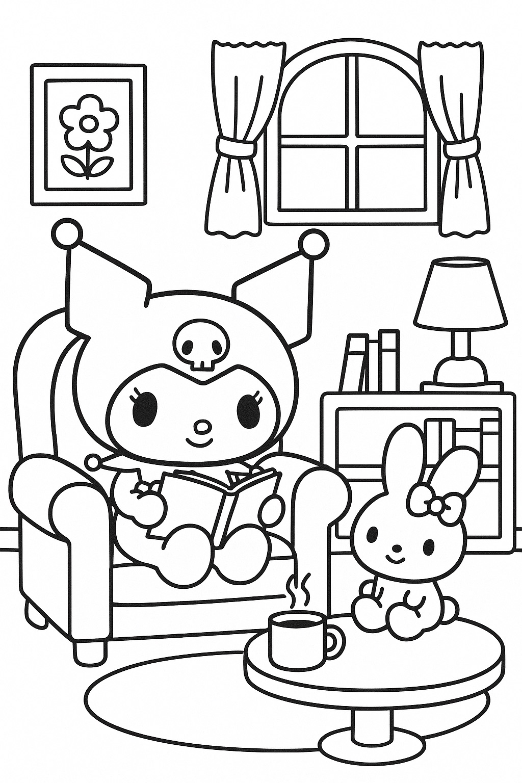 Desenho Kuromi sentada com sua amiga coelhinha em casa