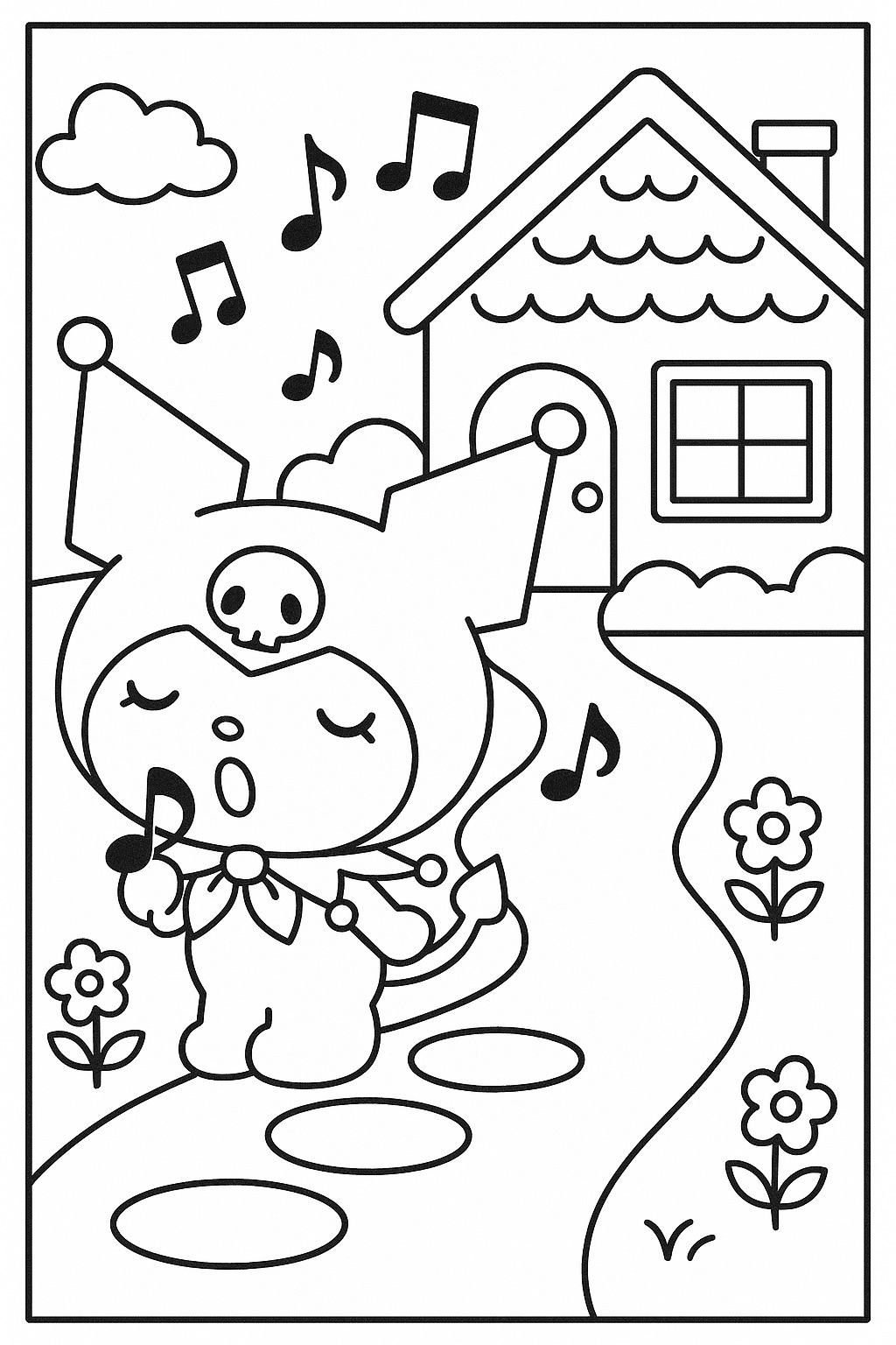 Desenho Kuromi cantando em casa para imprimir