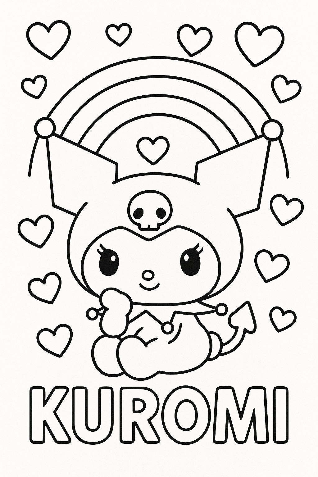 Kuromi sentada com corações e arco-íris para imprimir e colorir
