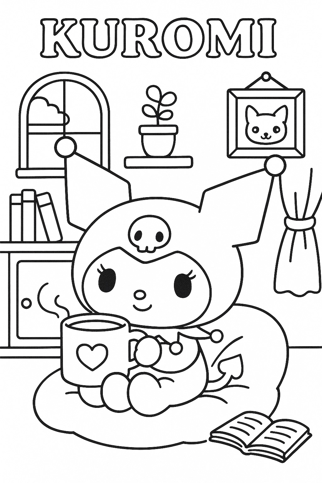 Desenho Kuromi sentada com caneca para Colorir e Imprimir Desenho Kuromi sentada com caneca para Colorir e Imprimir