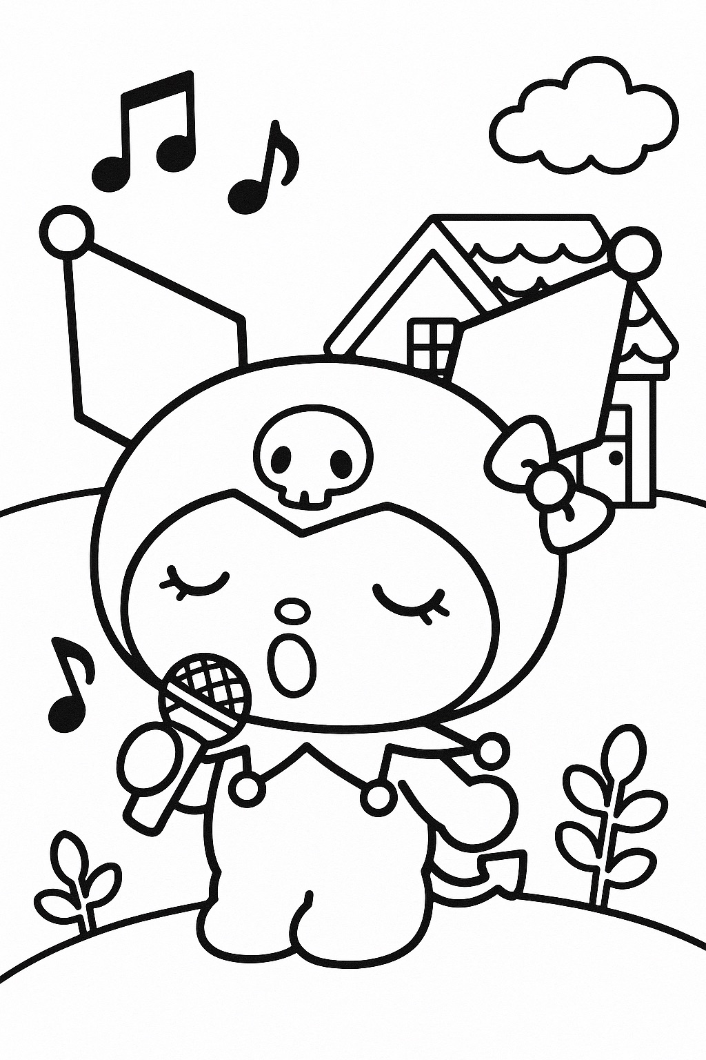 Desenho Kuromi cantando com microfone para Colorir e Imprimir Desenho Kuromi cantando com microfone para Colorir e Imprimir