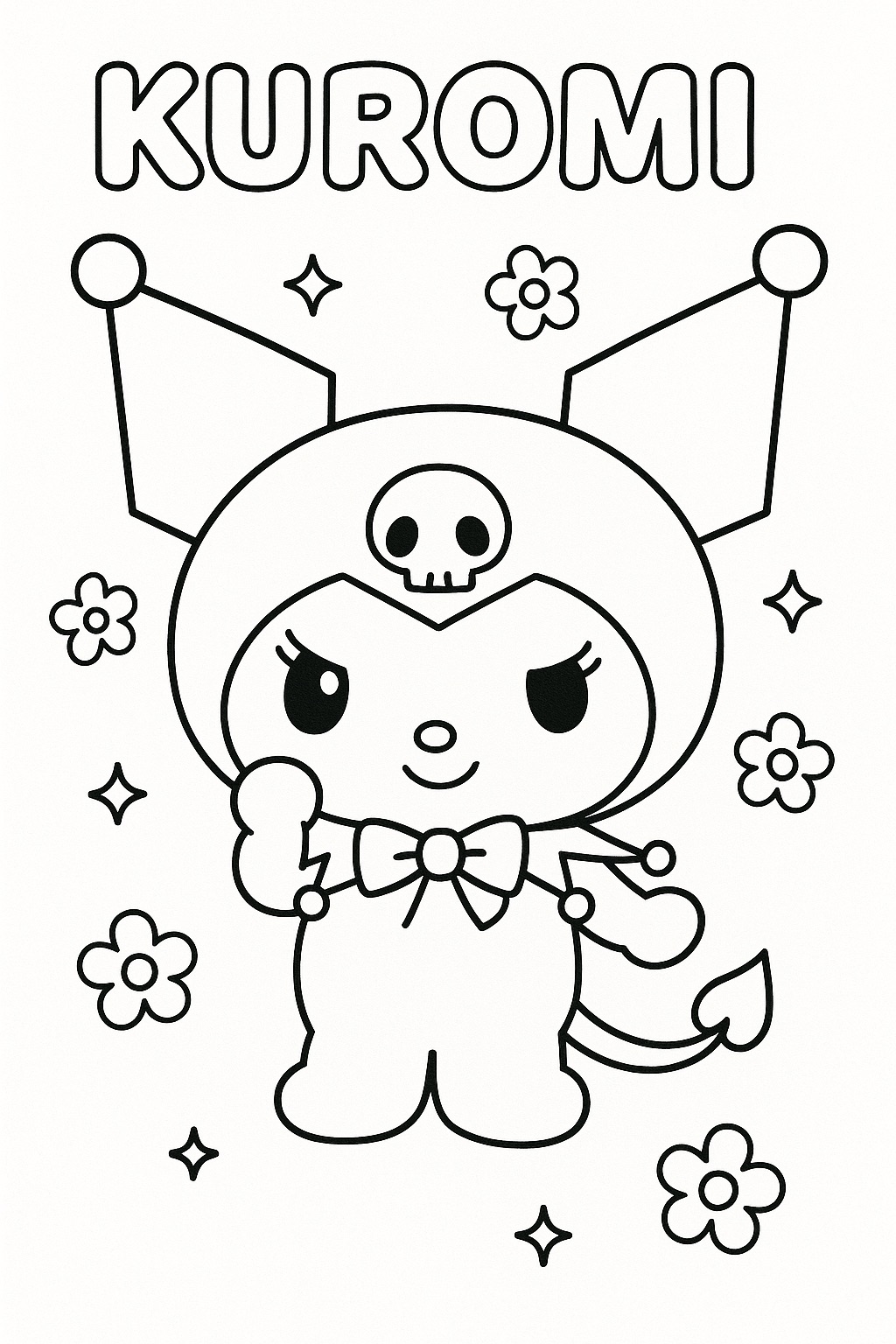 Desenho Kuromi com florzinhas para imprimir e colorir