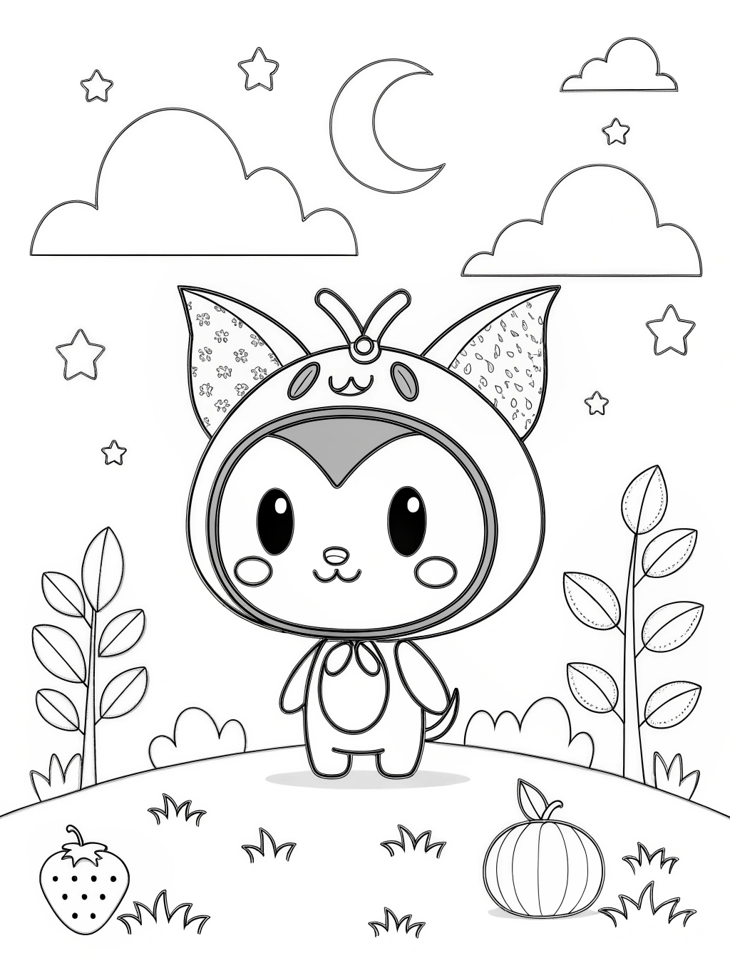 Desenho Kuromi fofa em um cenário de floresta para colorir