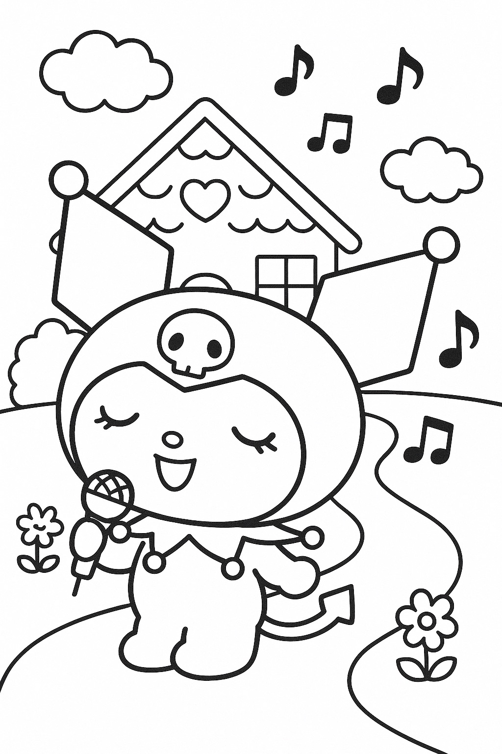 Desenho Kuromi cantando perto da casa para Colorir e Imprimir Desenho Kuromi cantando perto da casa para Colorir e Imprimir