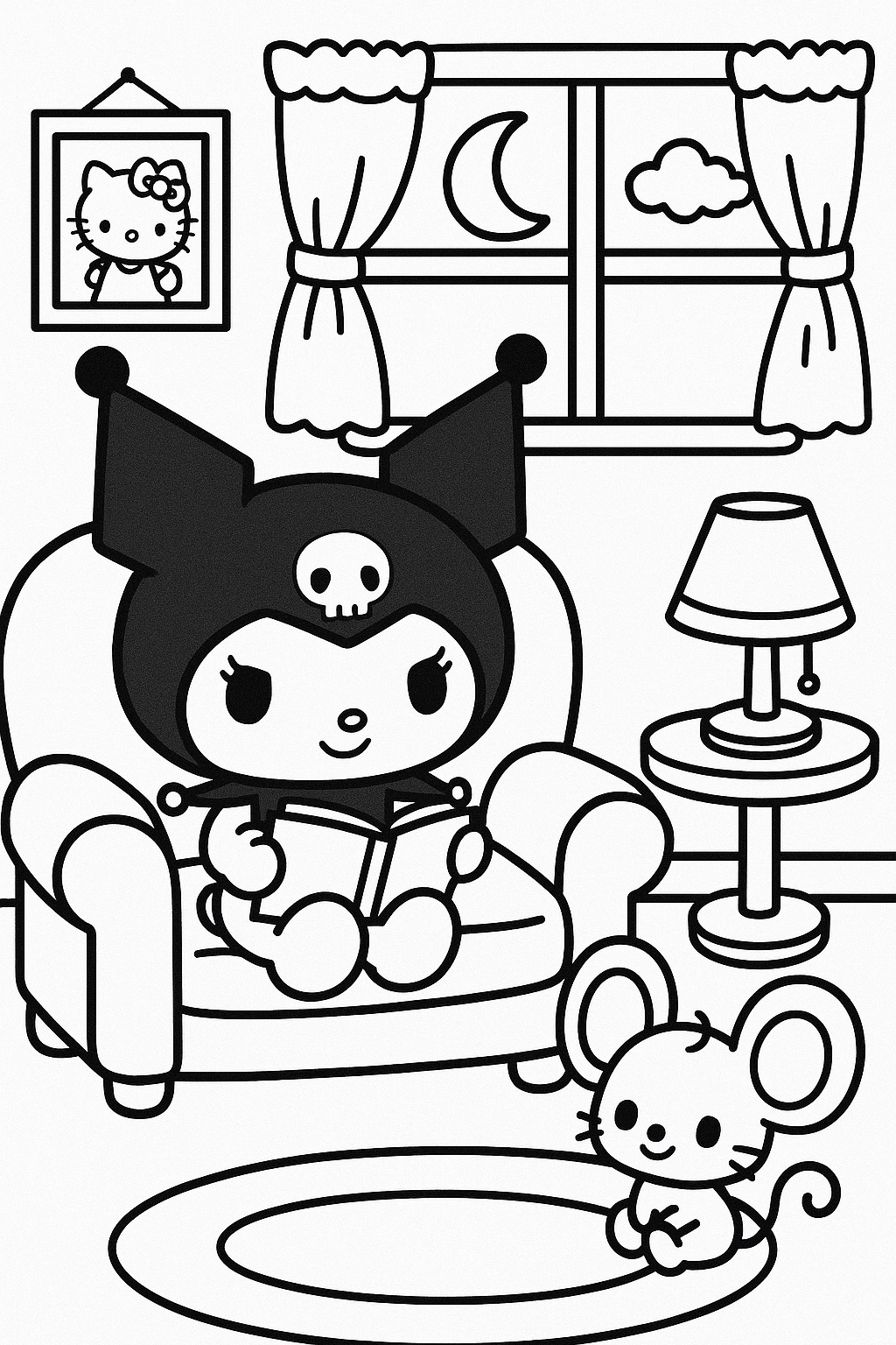 Desenho Kuromi lendo um livro com para imprimir
