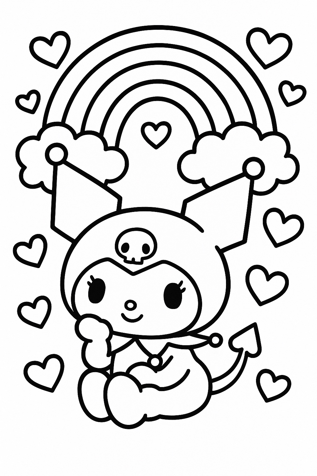 Desenho Kuromi sentada com arco-íris para Imprimir e Colorir Desenho Kuromi sentada com arco-íris para Imprimir e Colorir