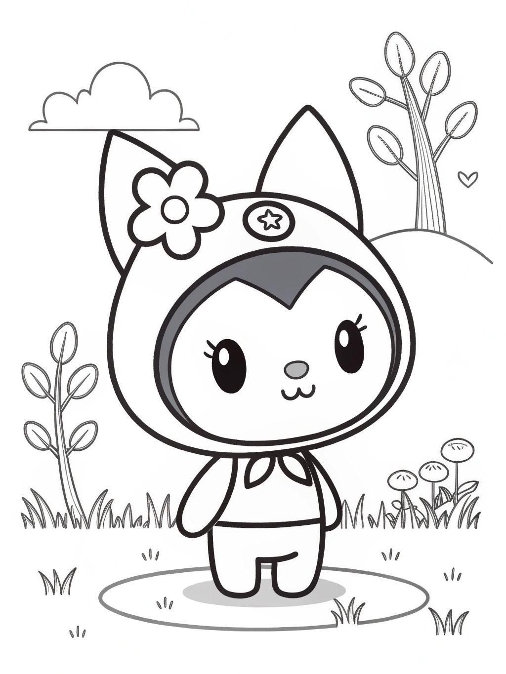 Desenho Kuromi Fofa em um cenário para Colorir e Imprimir Desenho Kuromi Fofa em um cenário para Colorir e Imprimir