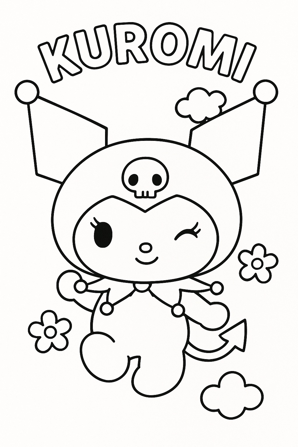 Desenho Kuromi sorrindo com nuvens e flores para colorir